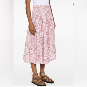 Maje Smocked Paris Print Mid Skirt pink and white tiered elasticated